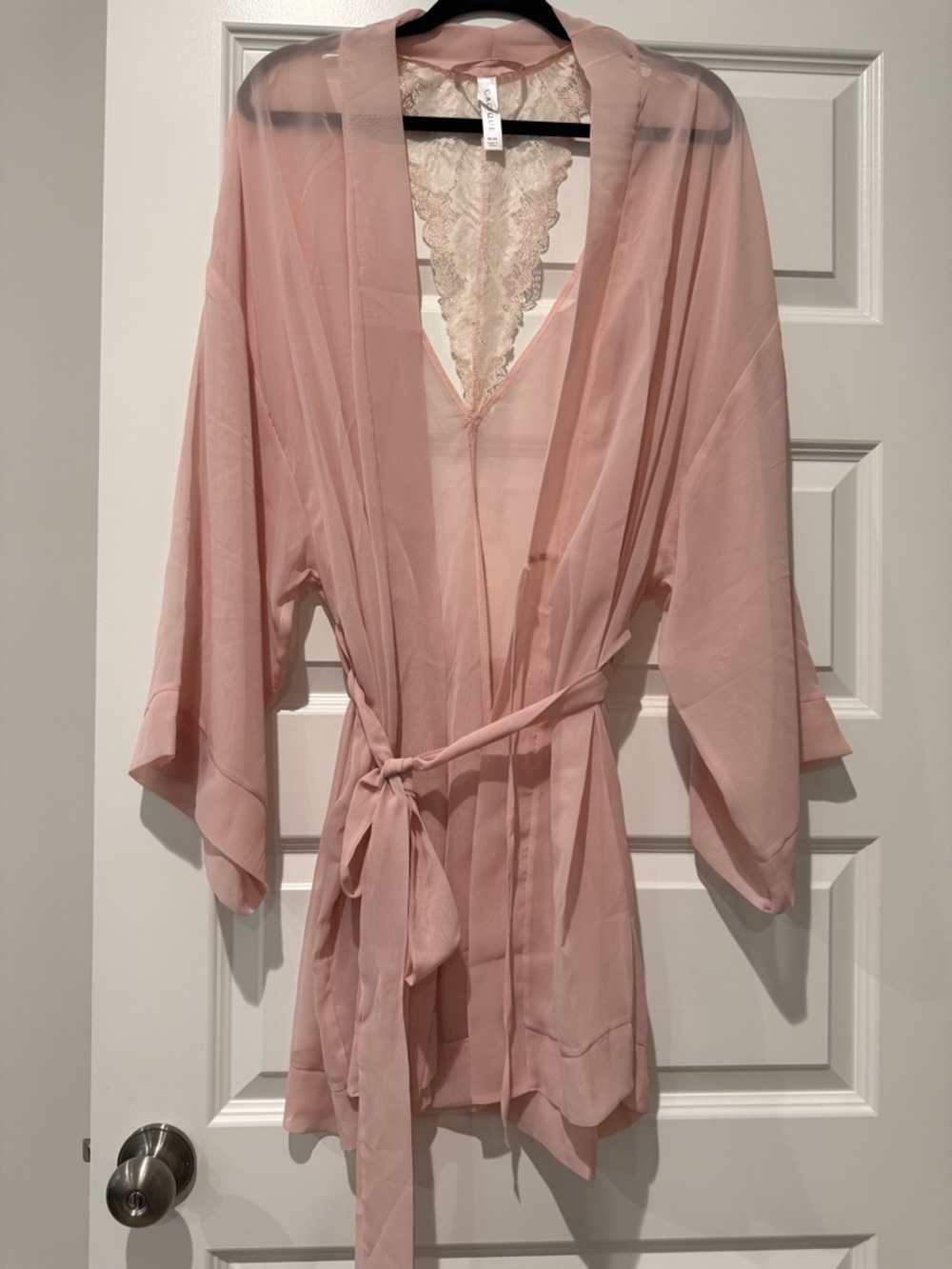 Cacique Dusty Pink Lace-Trim Satin Robe with Tie Belt